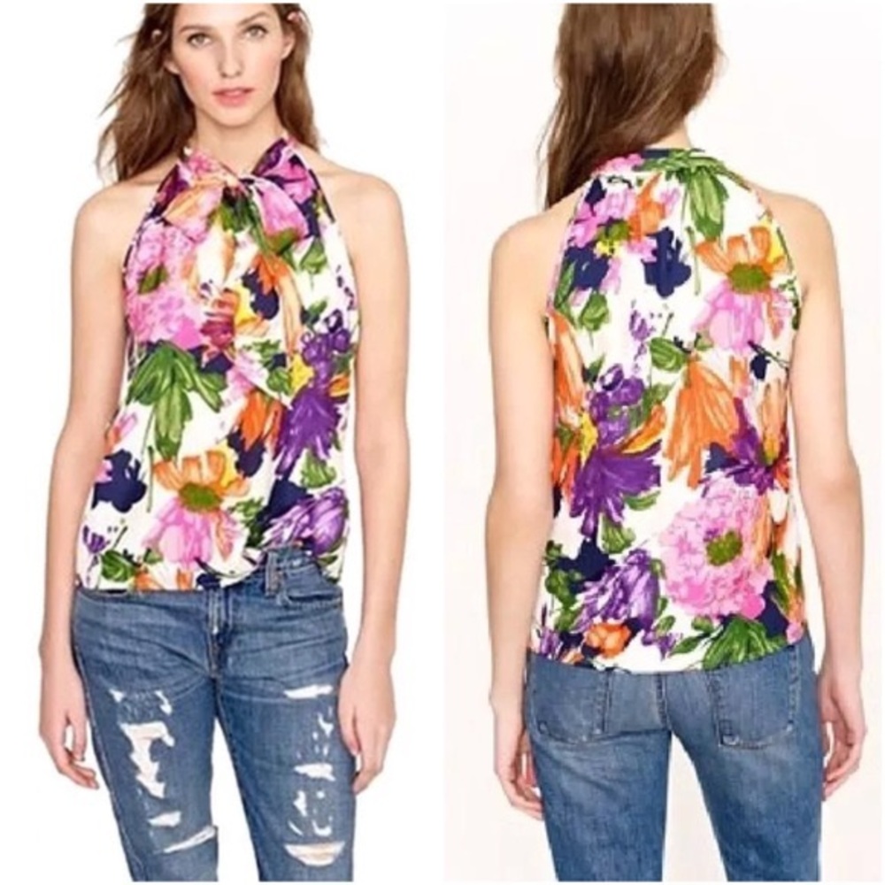 J. Crew Garden Floral Silk Tie-Neck Top